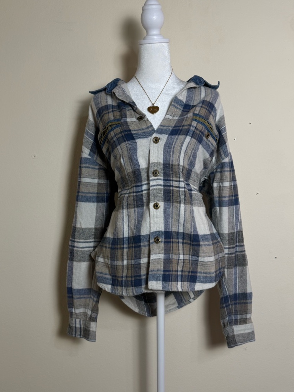 Plaid Button-Up Shirt Jacket in Blue & Tan